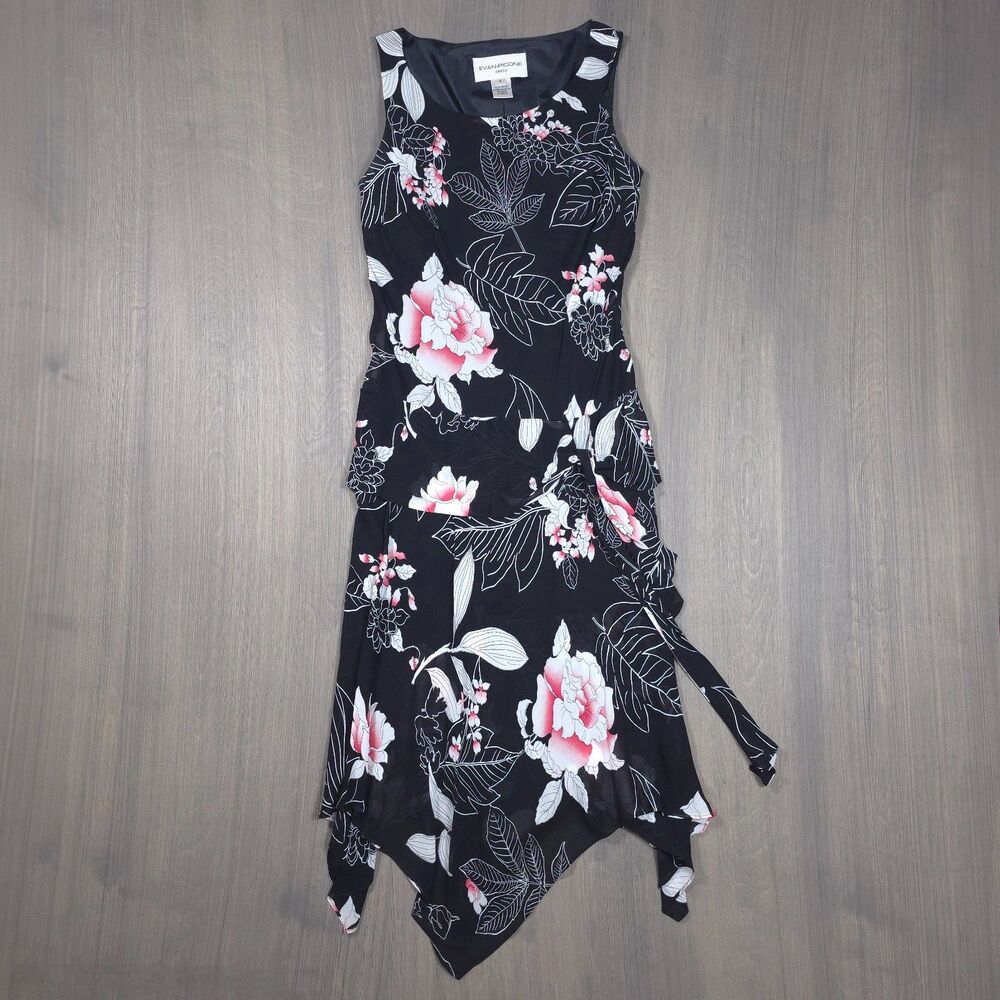 Evan Picone Floral Asymmetrical Ruffle Dress Size 4